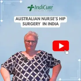A headshot of an Australian nurse named Meg. The image promotes her review of hip surgery in India with IndiCure.